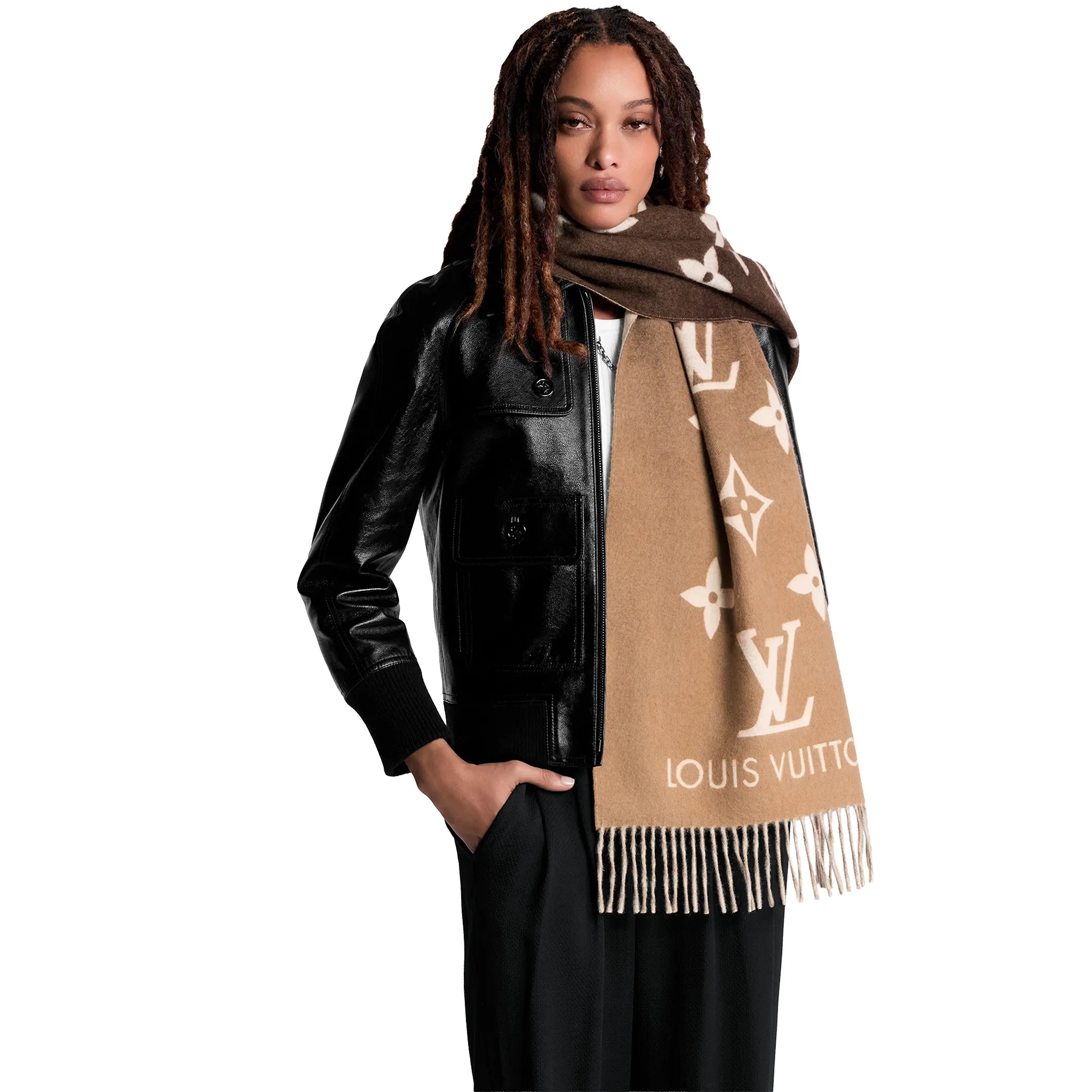 Front View of Louis Vuitton Reykjavik Gradient Beige Scarf M73675